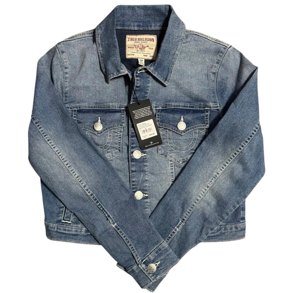 NWT True Religion Jessie SN Crop Trucker Denim Jean Jacket Cropped Womens M